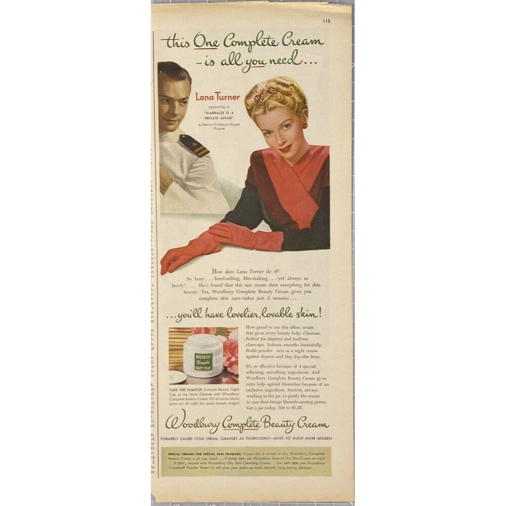 Woodbury Beauty Cream "Lana Turner: Complete Cream-All You Need" Ad 1944